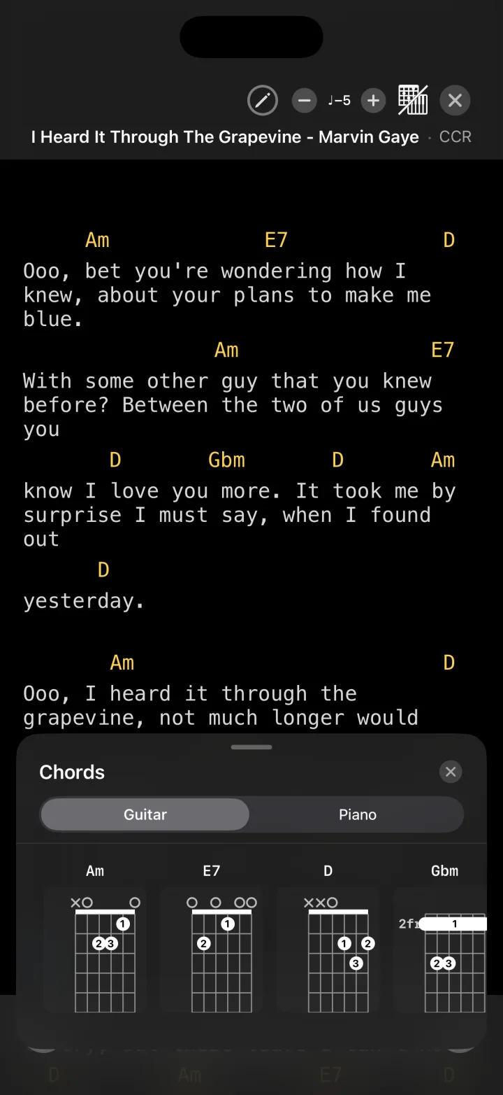 Lyrics with chords above them and guitar chord diagrams below