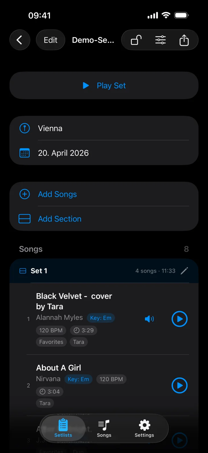 A setlist split into Set 1 and Set 2, with each song's key, BPM and length