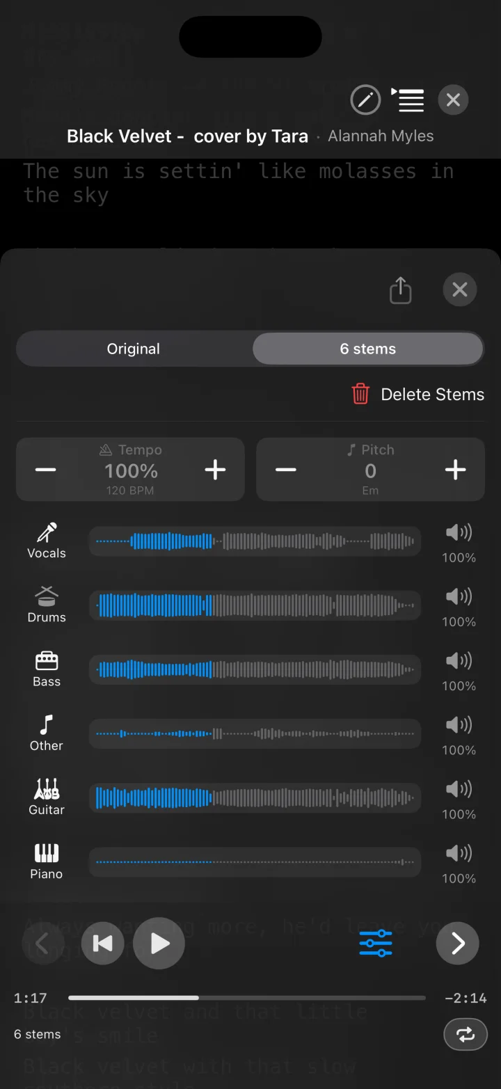 The stem mixer with vocals, drums, bass, other, guitar and piano, each on its own waveform